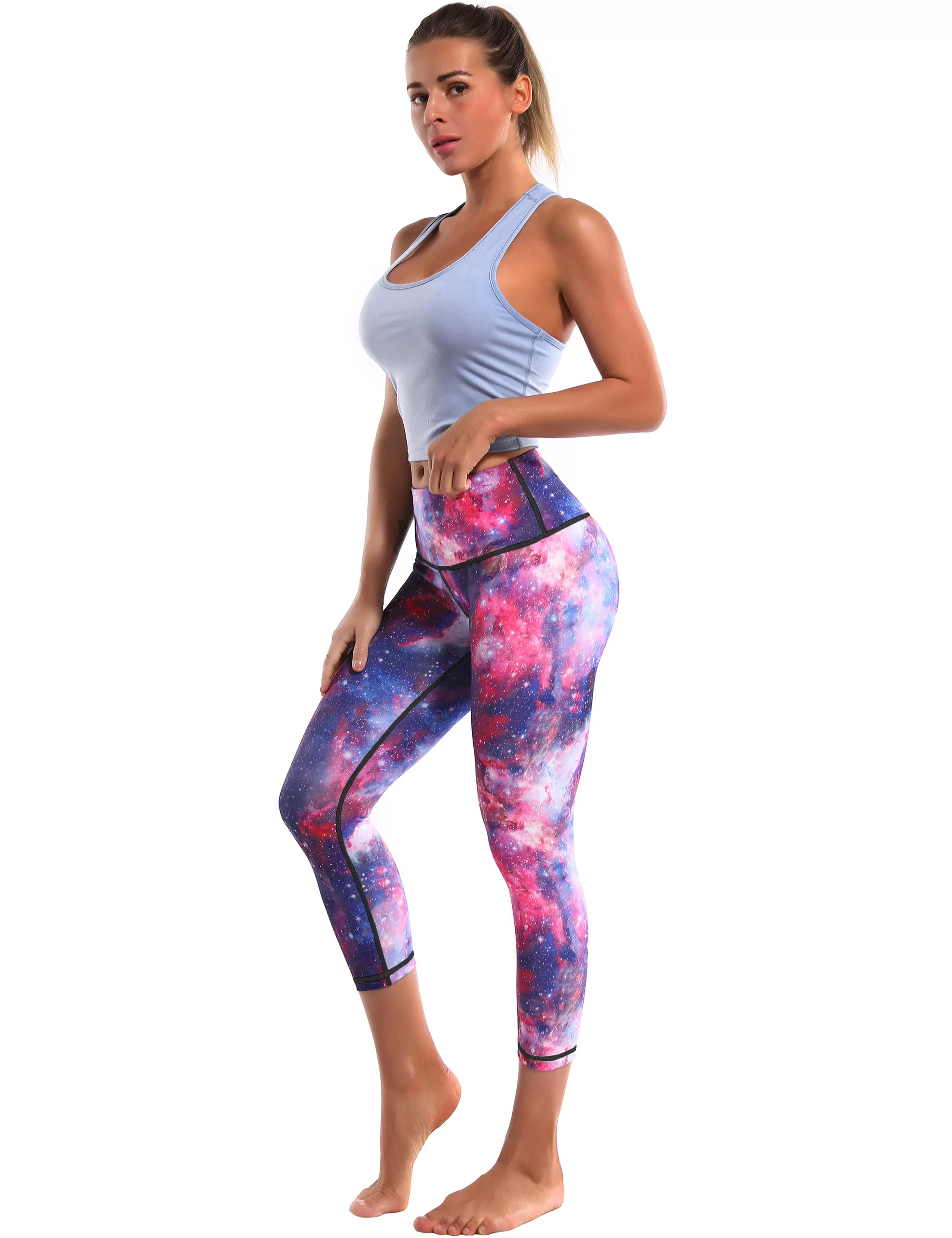 19" High Waist Printed  Crop Tight Capris galaxy