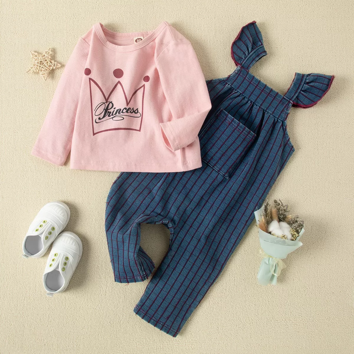 2 Pieces Set Baby Kid Unisex Letters Tops And Striped Jumpsuits