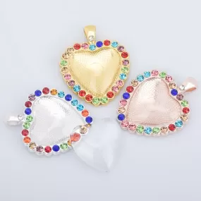 25mm Alloy Heart shaped Rhinestone Pendant Kits setting Base bottom Trays with Matching Glass Cabochons DIY Jewelry 6pcs 102851