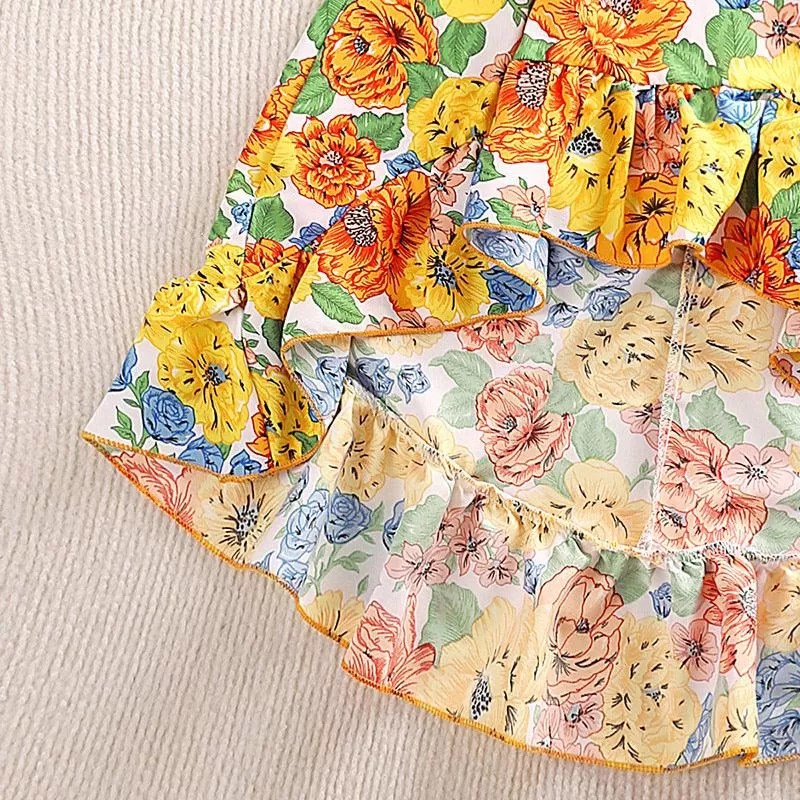 3 Girls' Suit Cute Print Off-shoulder Suspender Top Irregular Skirt Two-piece Set