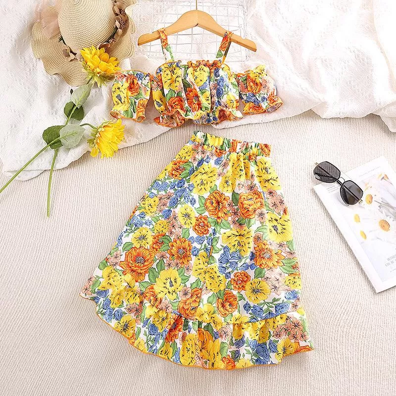 3 Girls' Suit Cute Print Off-shoulder Suspender Top Irregular Skirt Two-piece Set