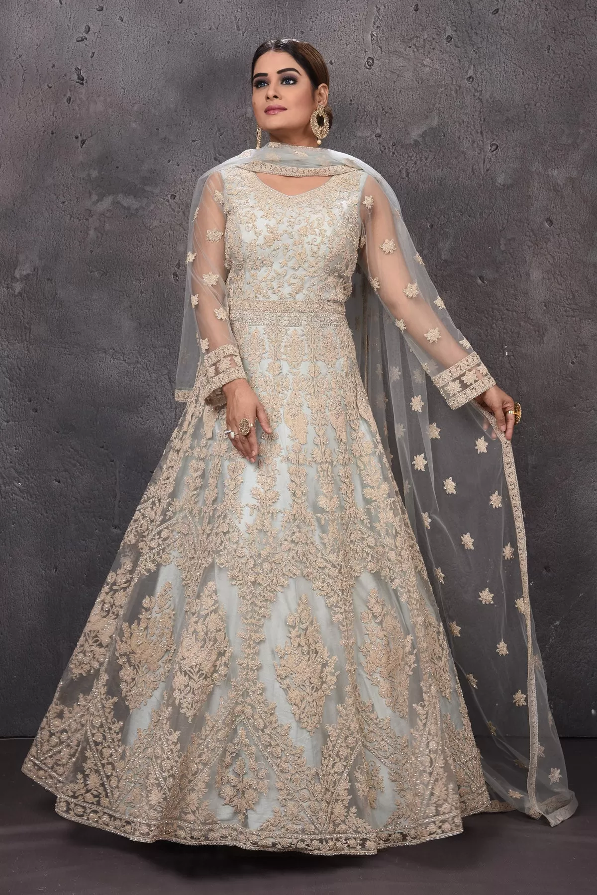 502826 Powder Blue Embroidered Anarkali Suit with Dupatta