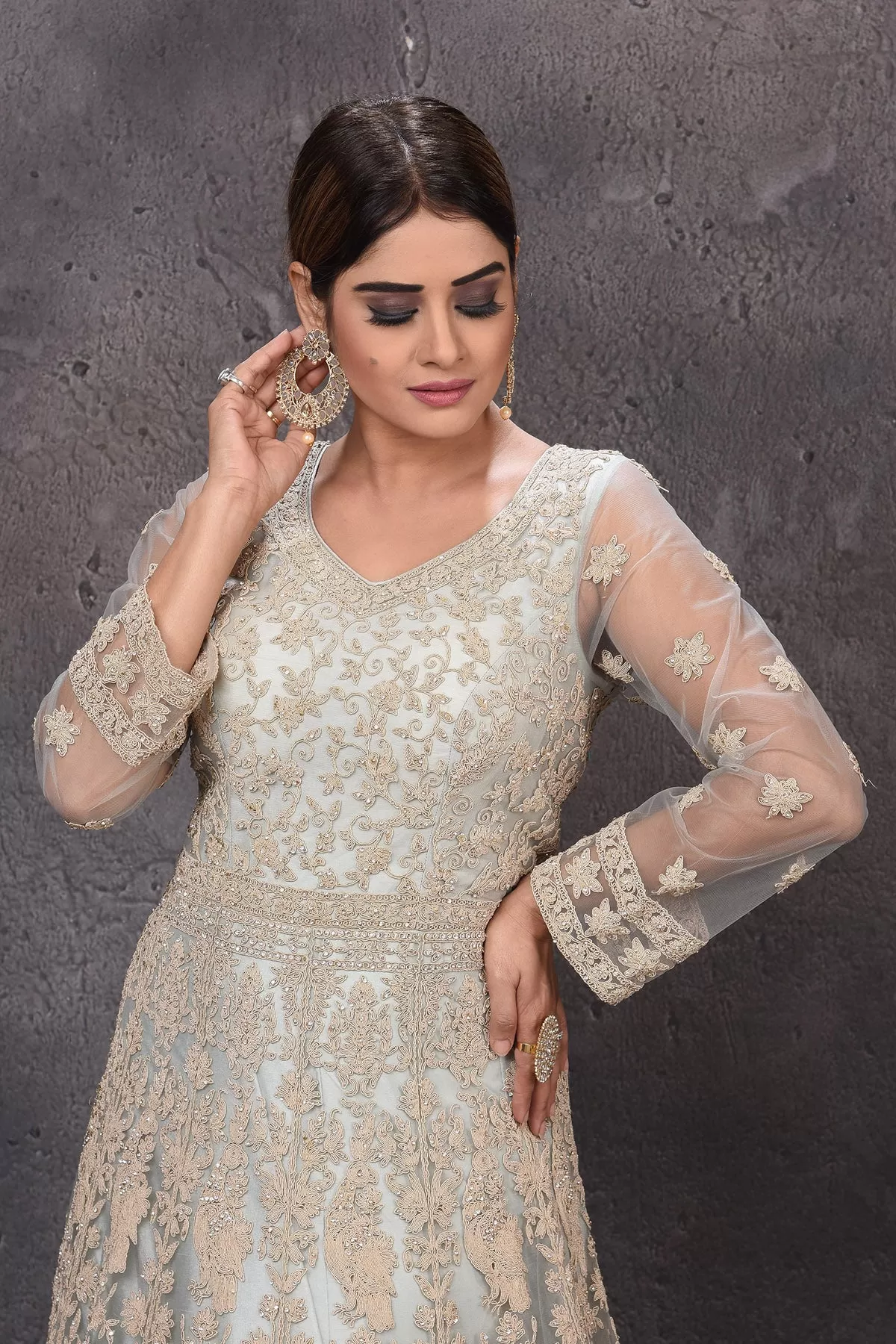 502826 Powder Blue Embroidered Anarkali Suit with Dupatta