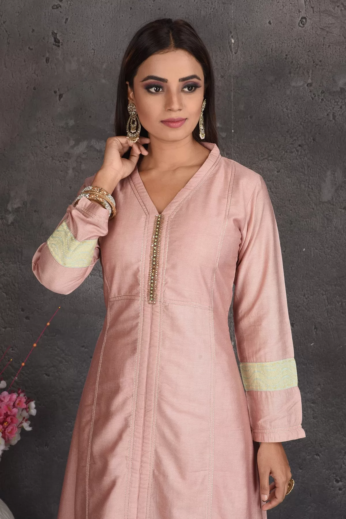 502970 Dusty Pink Embroidered Palazzo Suit with Green Dupatta