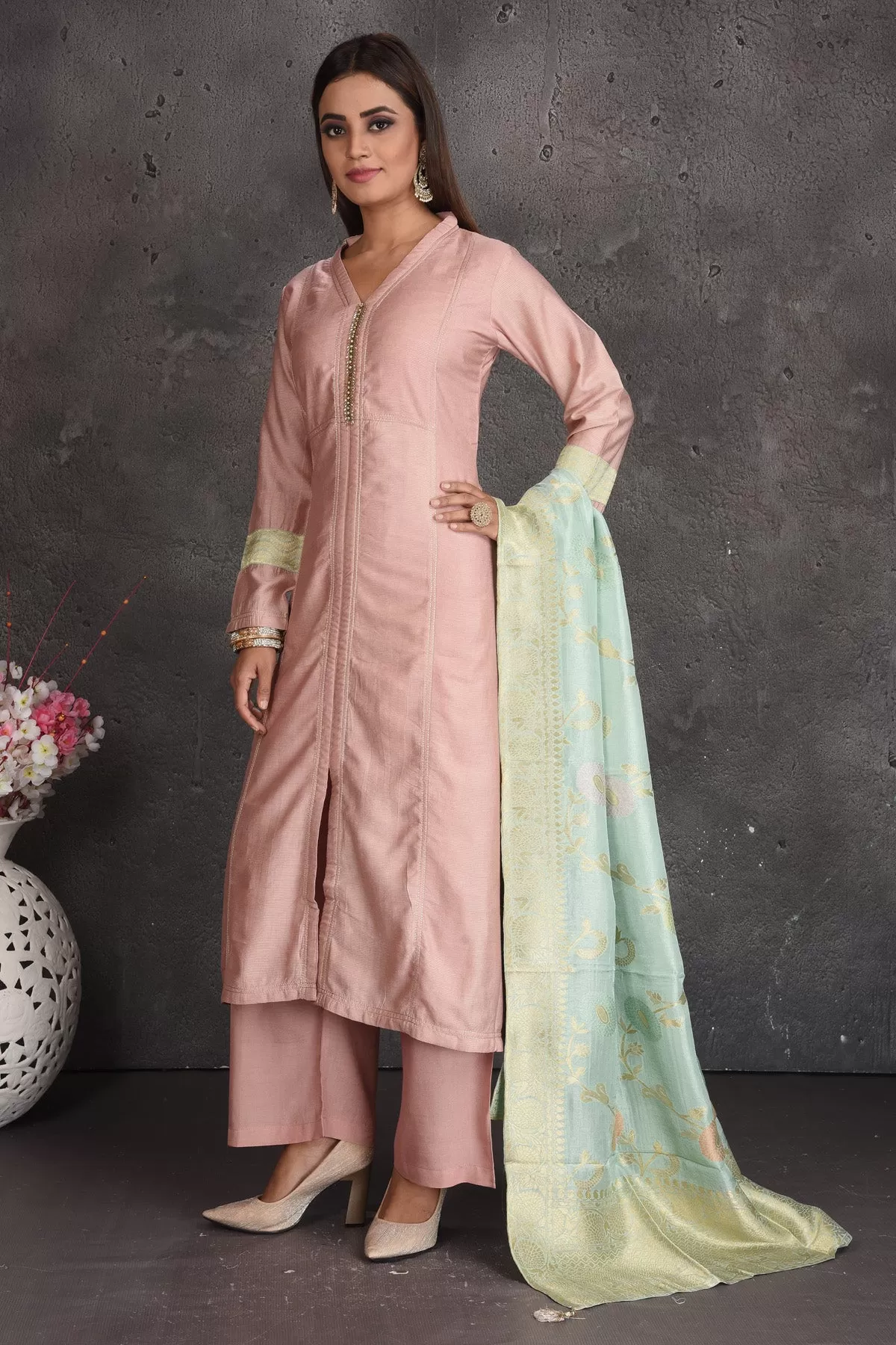 502970 Dusty Pink Embroidered Palazzo Suit with Green Dupatta