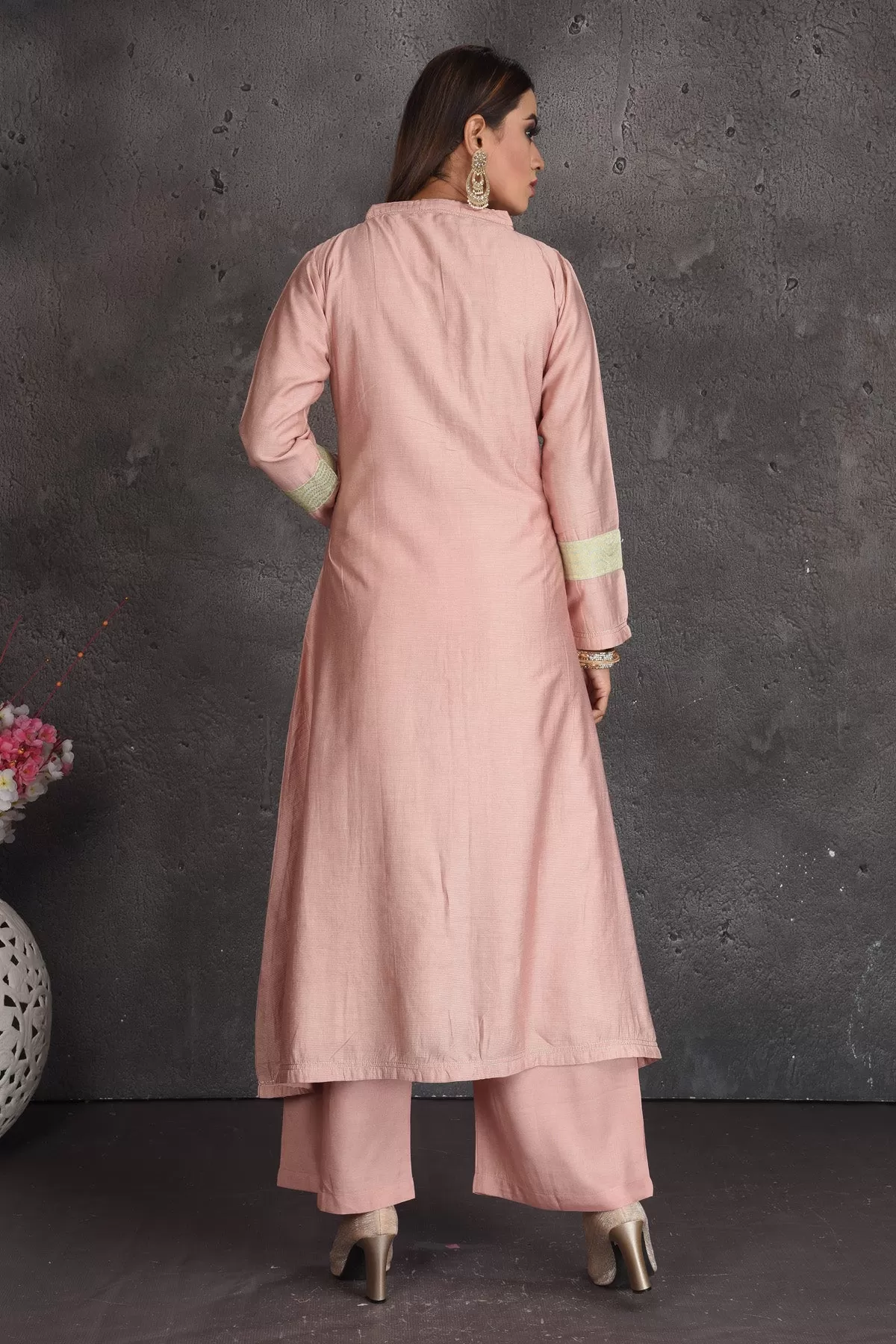 502970 Dusty Pink Embroidered Palazzo Suit with Green Dupatta