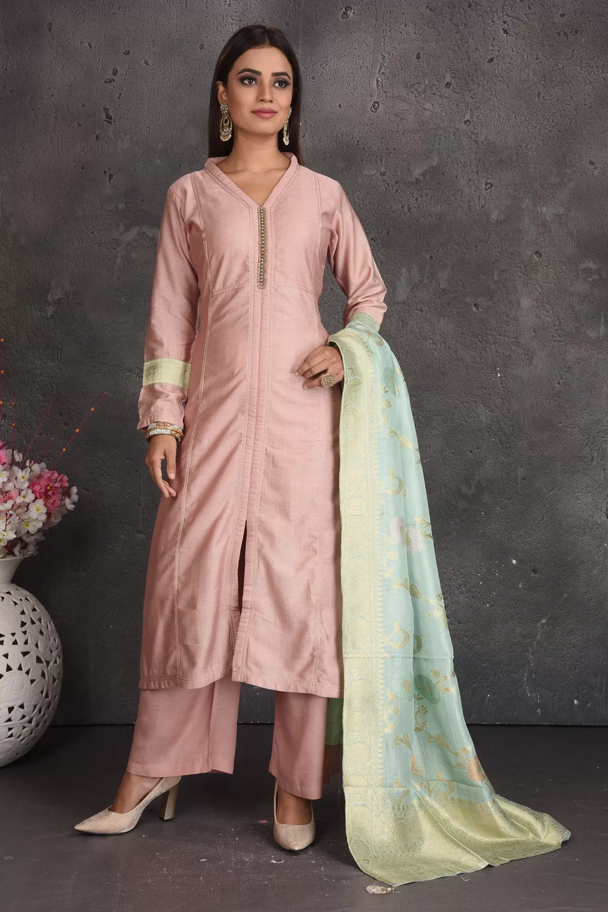 502970 Dusty Pink Embroidered Palazzo Suit with Green Dupatta