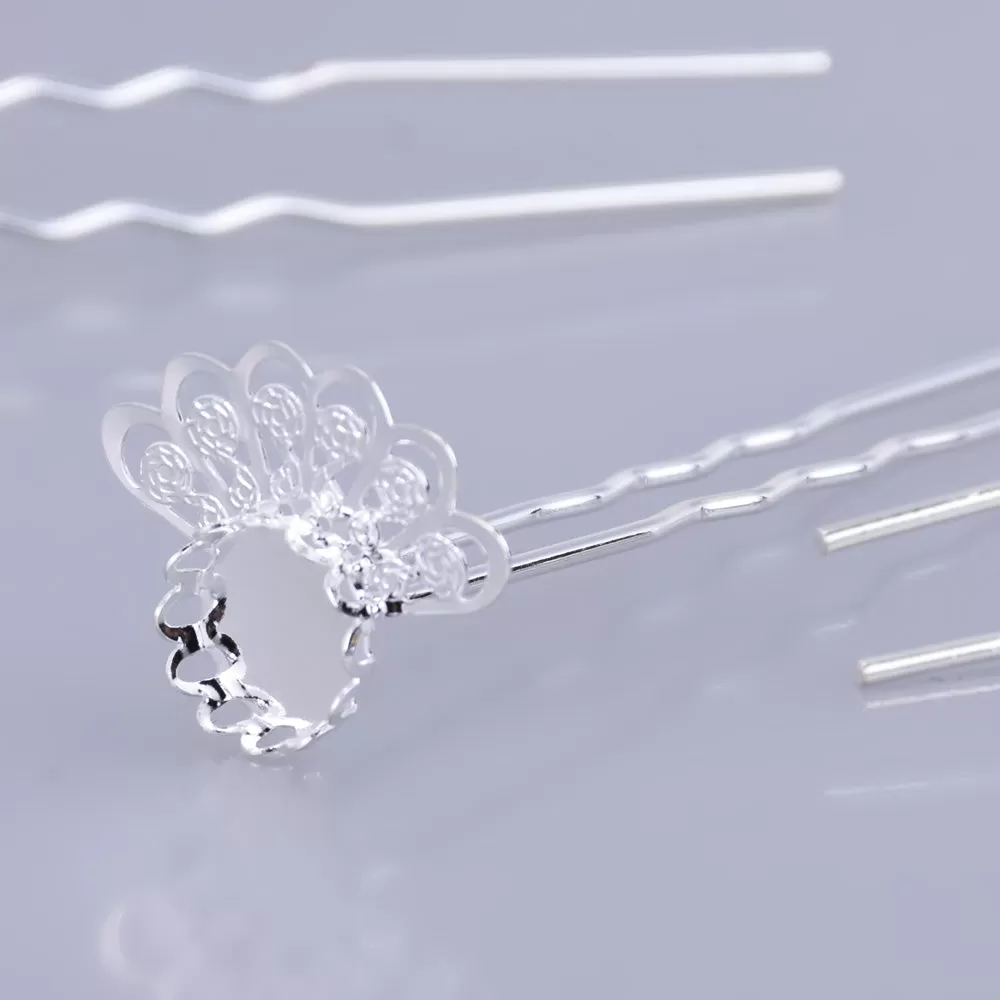 75mm U style Hairpin Making Wedding Hair Accessories 10mm bezel Hair forks Hair Pin Hair Stick silver 10pcs