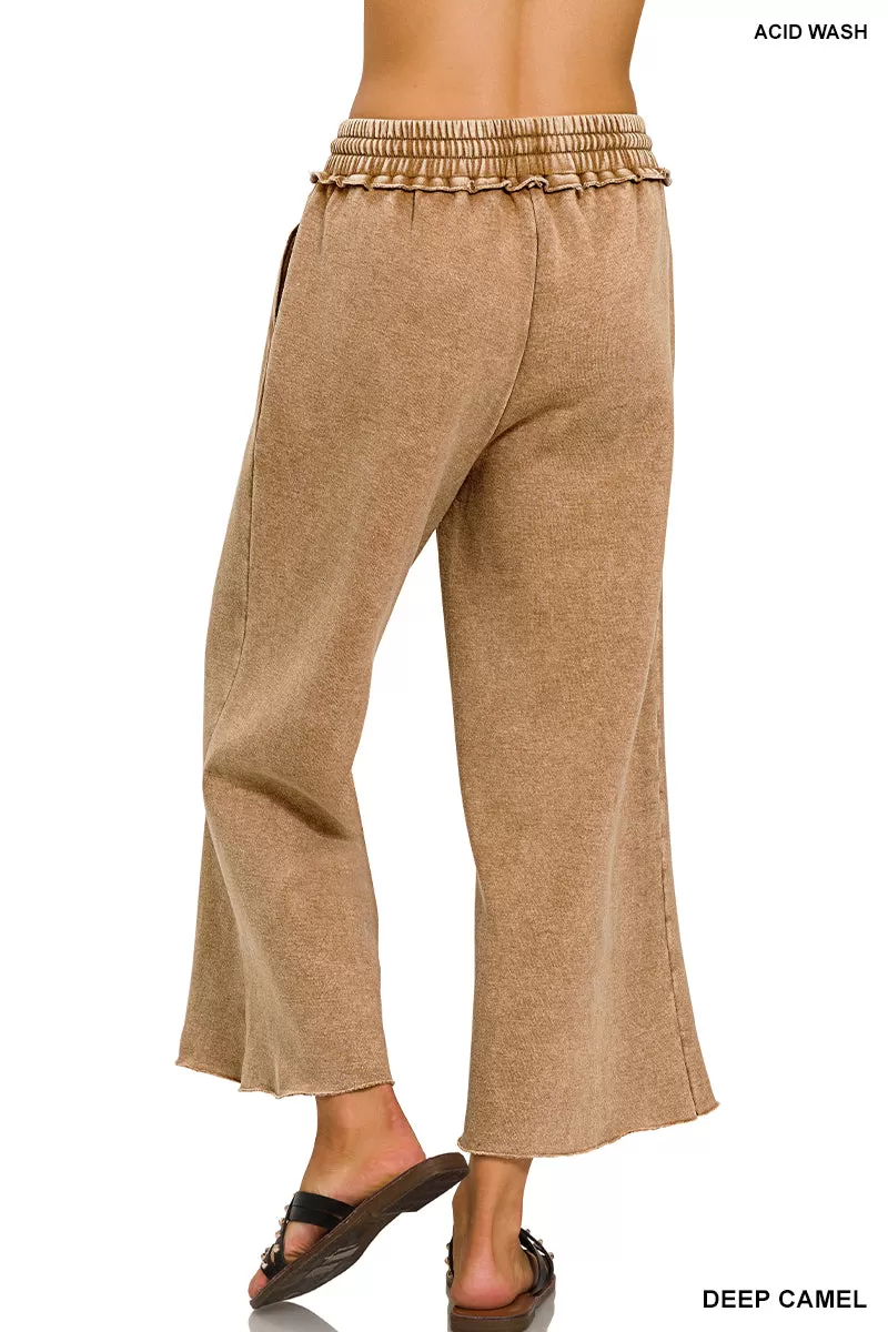 Acid Wash Palazzo Pocket Sweatpants - Deep Camel