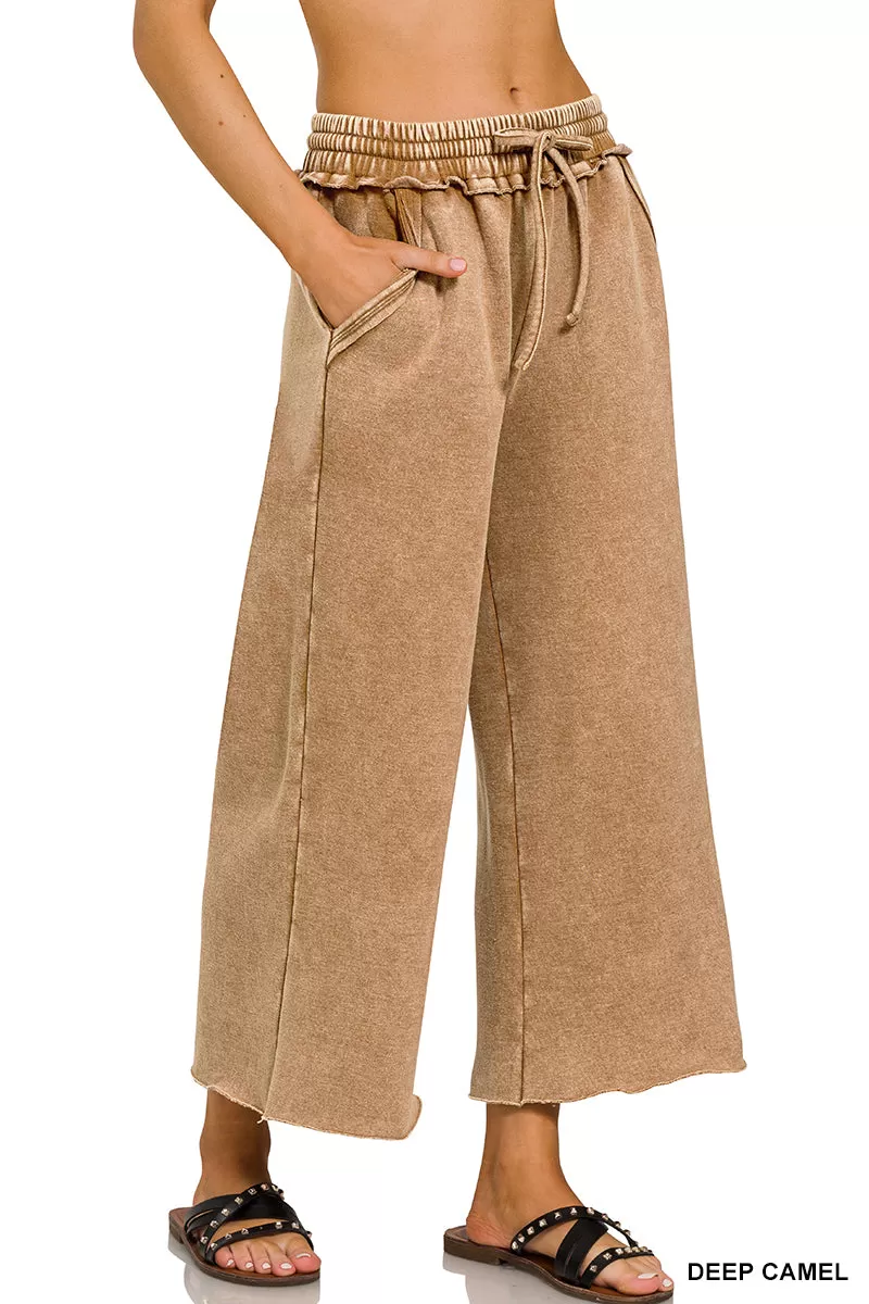 Acid Wash Palazzo Pocket Sweatpants - Deep Camel