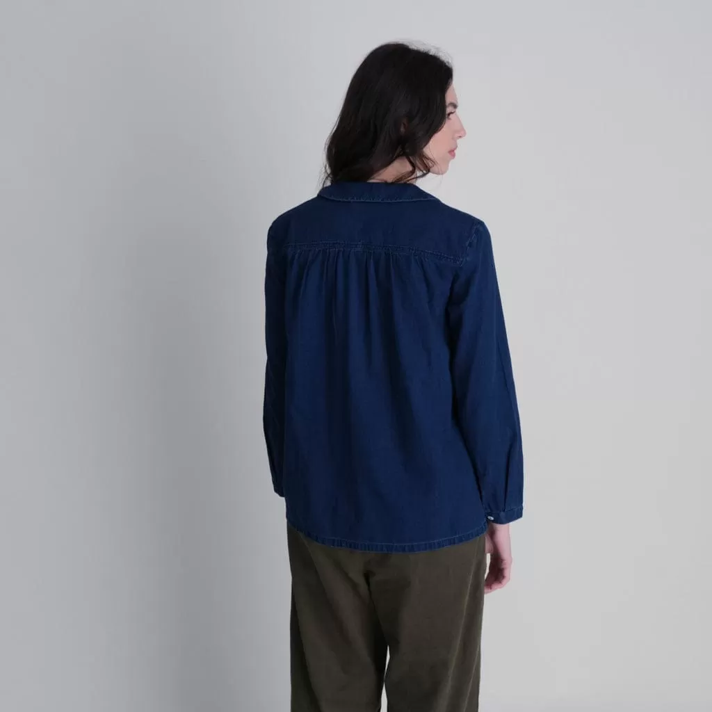 Adrianne Pleated Denim Blouse | Dark Blue