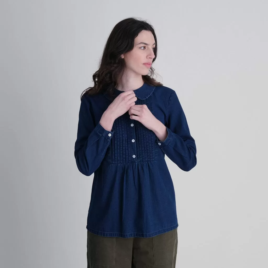 Adrianne Pleated Denim Blouse | Dark Blue