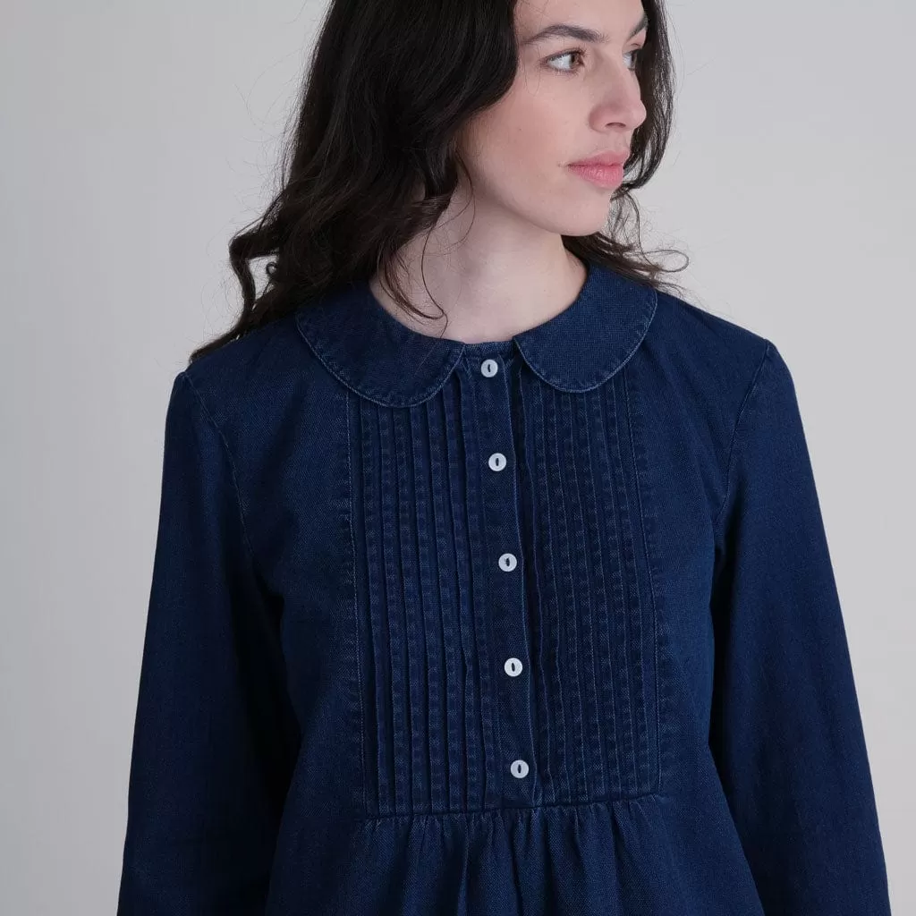 Adrianne Pleated Denim Blouse | Dark Blue