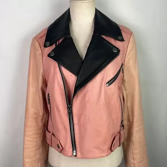 Alice   Olivia Pink/Black Leather Moto Jacket