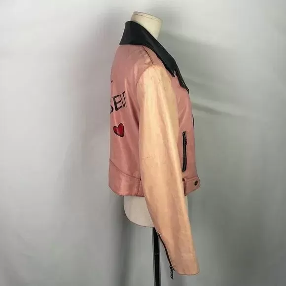 Alice   Olivia Pink/Black Leather Moto Jacket