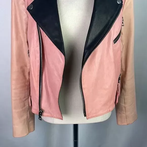 Alice   Olivia Pink/Black Leather Moto Jacket