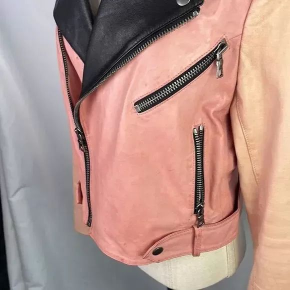 Alice   Olivia Pink/Black Leather Moto Jacket