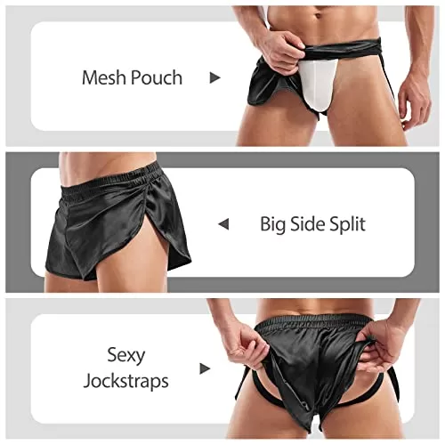 AMY COULEE Mens Sexy Boxers Shorts Split Side Running Shorts Lightweight Silky Jockstrap Stain Active Shorts (XL, Black)