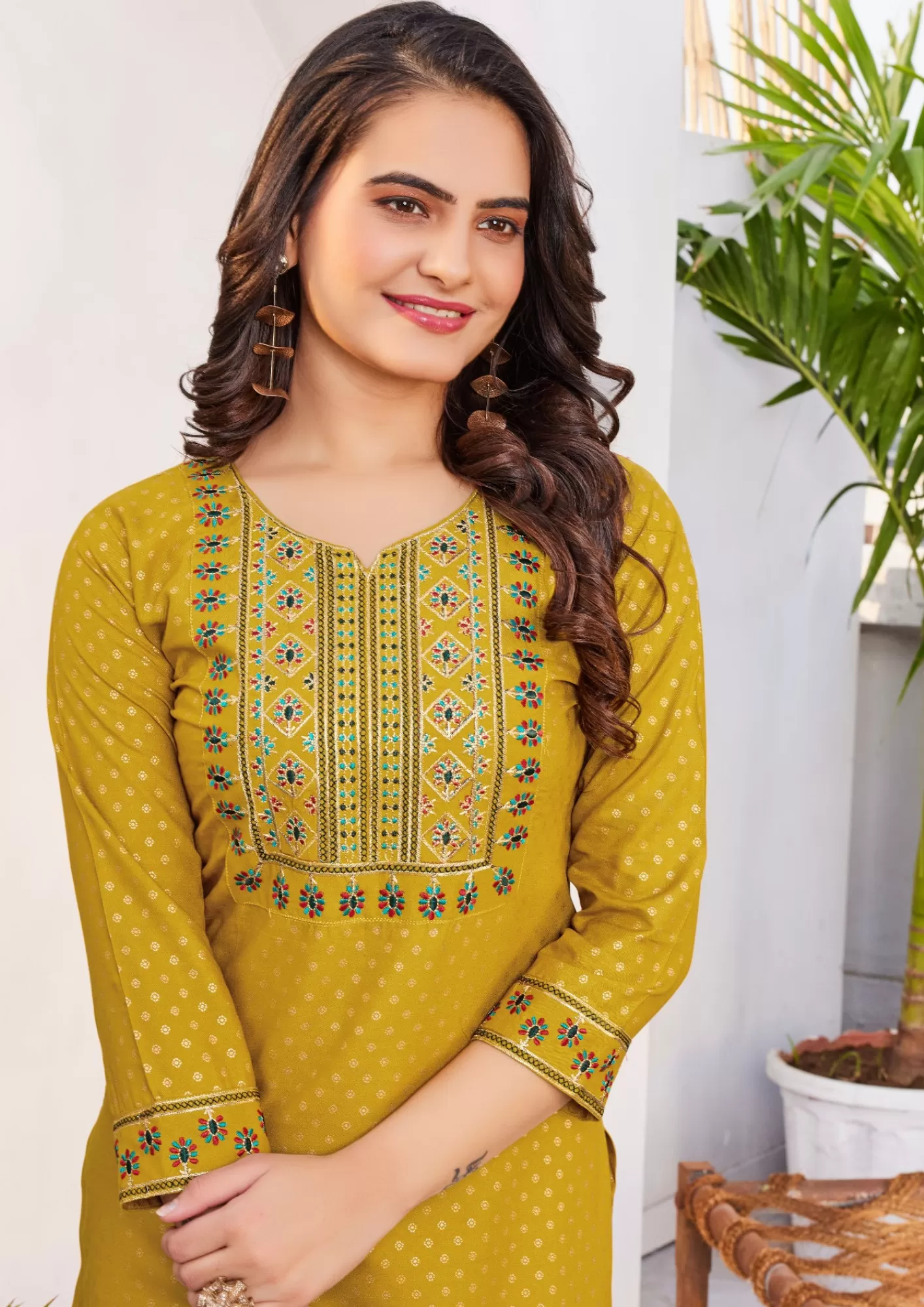 Appealing Mustard Yellow Color Rayon Kurti With Embroidery Work