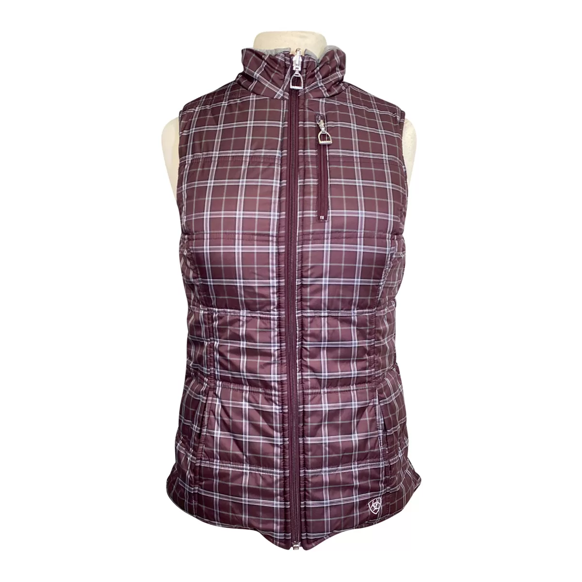 Ariat 'Galway' Reversible Vest in Grey/Burgundy Plaid - Women's XS