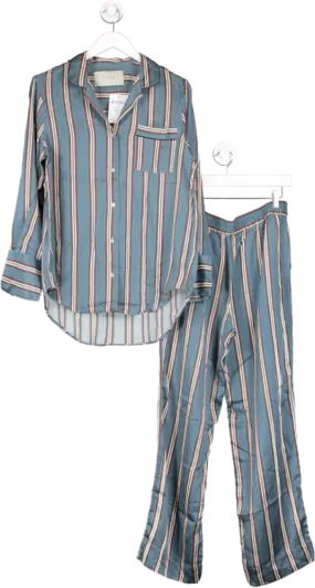 Asceno Grey/Blue Stripe Silk Pyjama Set UK S