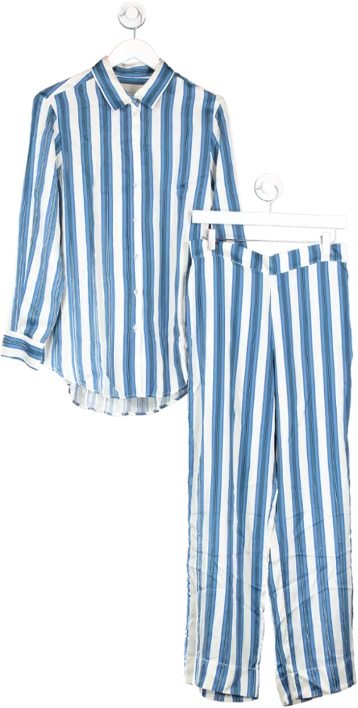 Asceno White / Blue 2 Piece London Striped 100% Silk Pyjama Set UK S