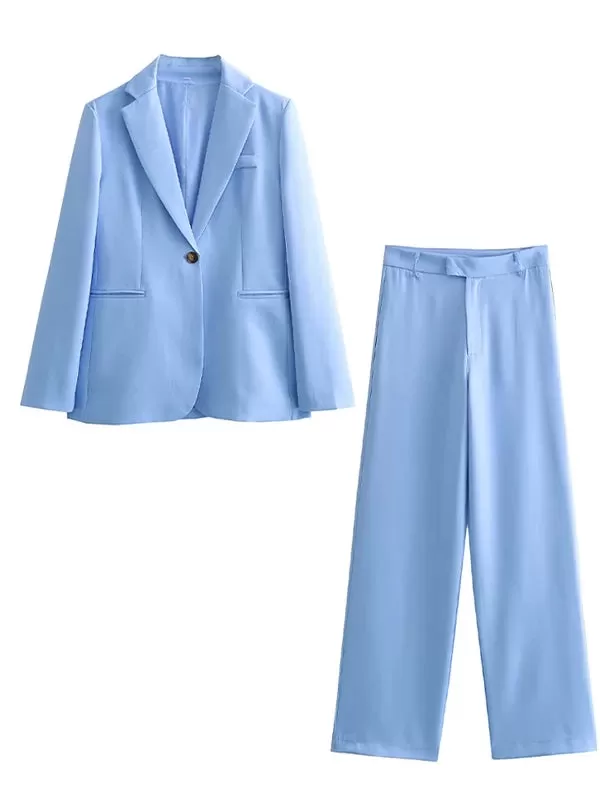 Ashore Shop Blazer 2 Piece Sets Womens Outfits Autumn Loose Office Pants Set Elegant Blue Trouser Suits