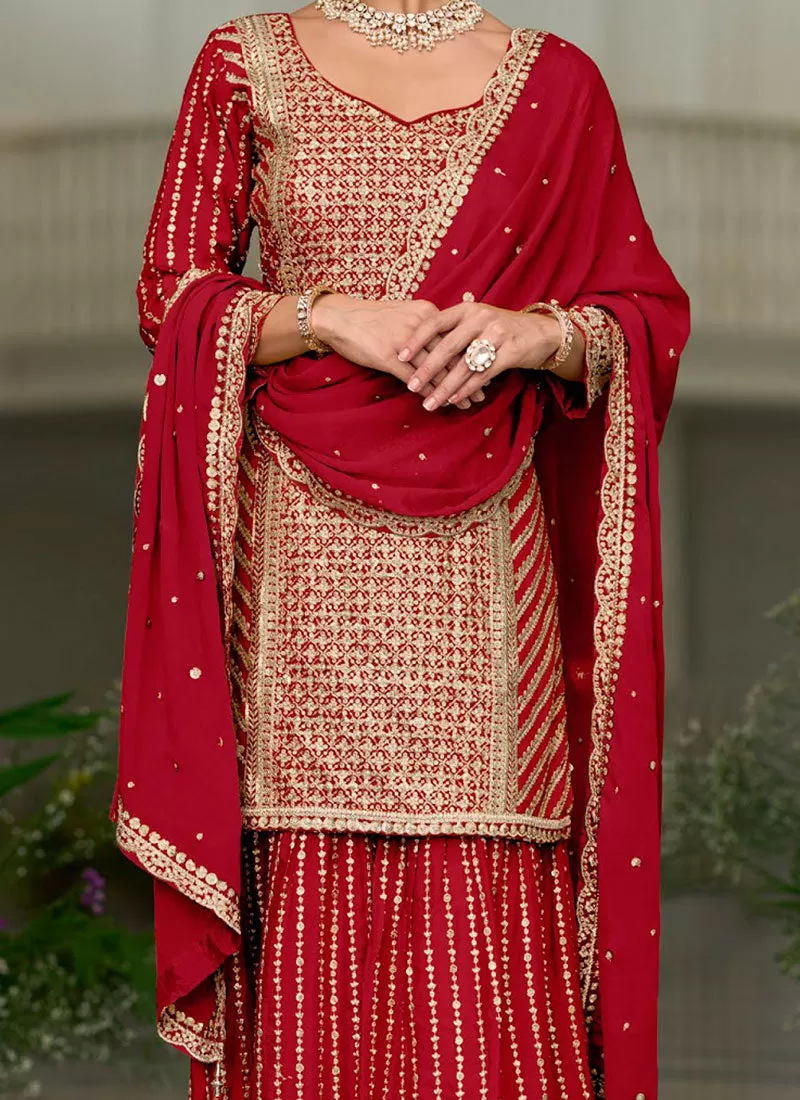 Attractive Designer Red Color Premium Silk With Heavy Embroidery Work Palazzo Suits