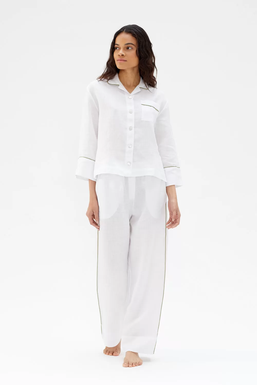 Aubrey White Linen Pyjama Set with Green Piping