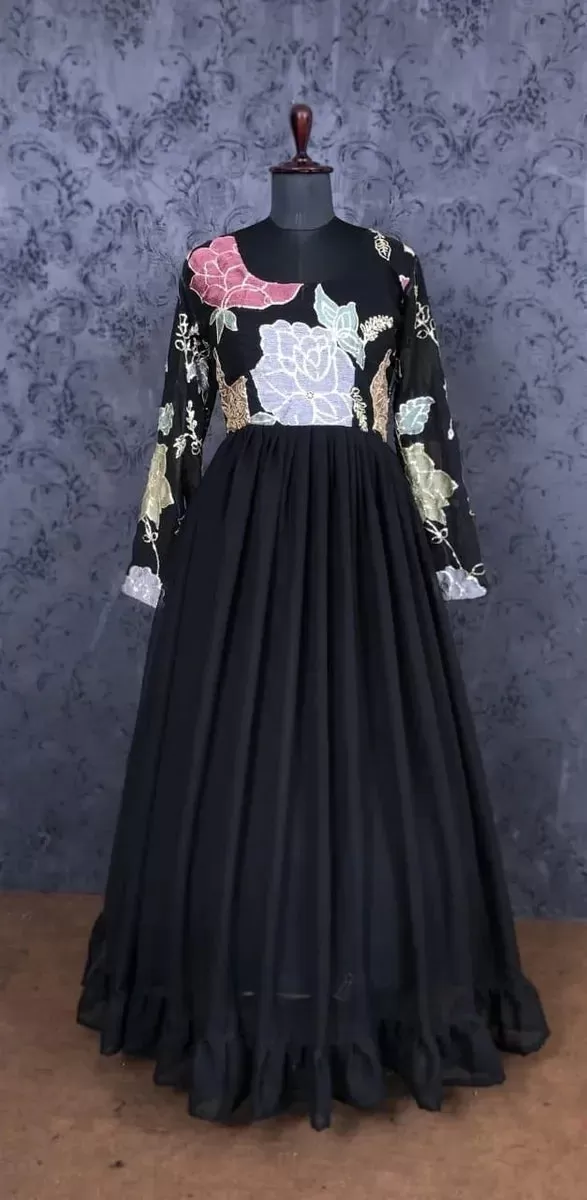 Beautiful Black Designer Georgette Gown With Embroidery And Sequins Work