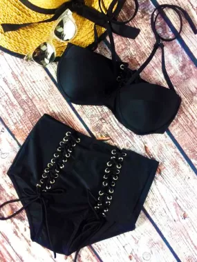 Black Lace Up Halter Bikini Sets