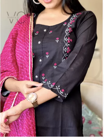 Black Pink Embroidery Straight Salwar Suit