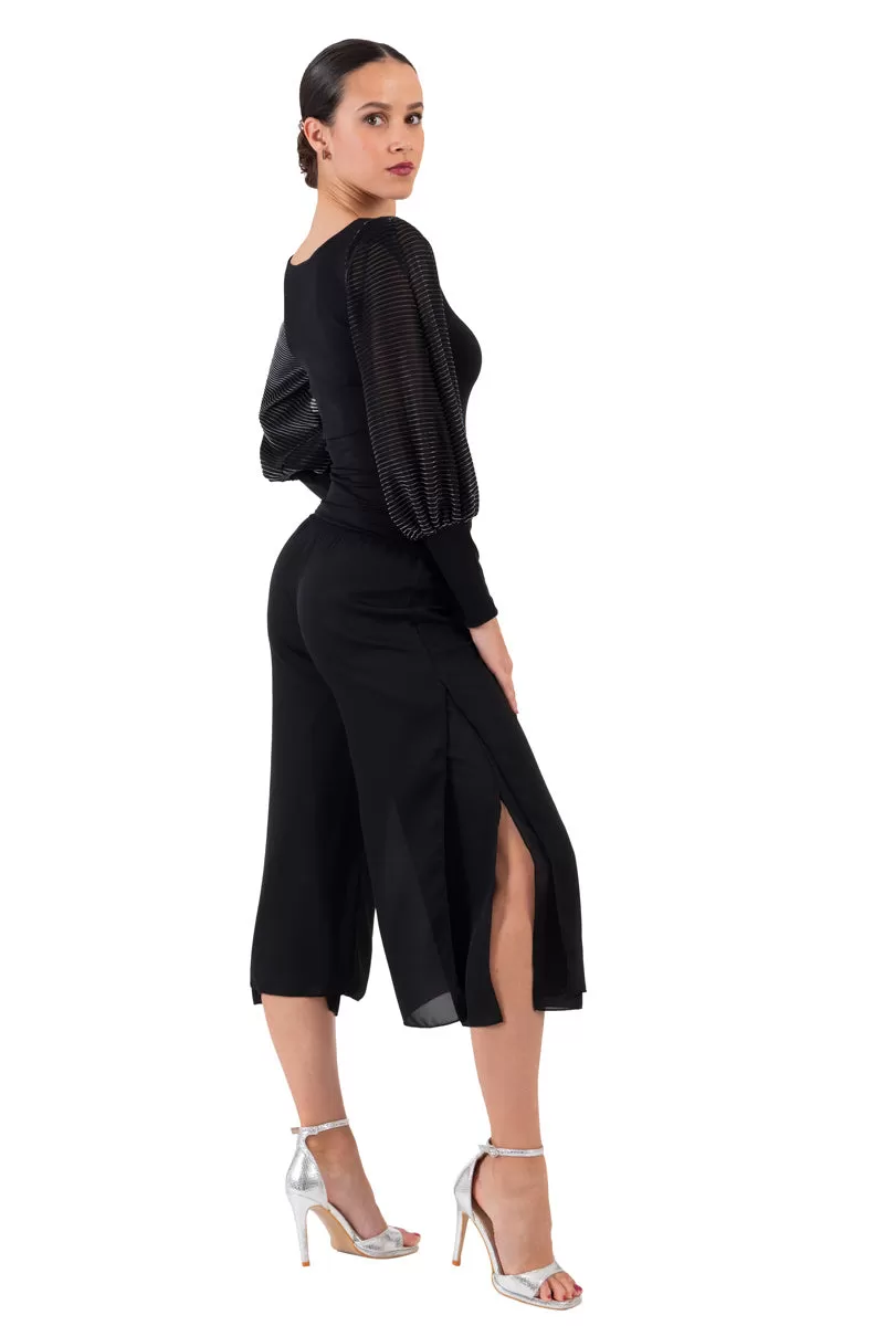 Black Top With Long Lamé Split Sleeves