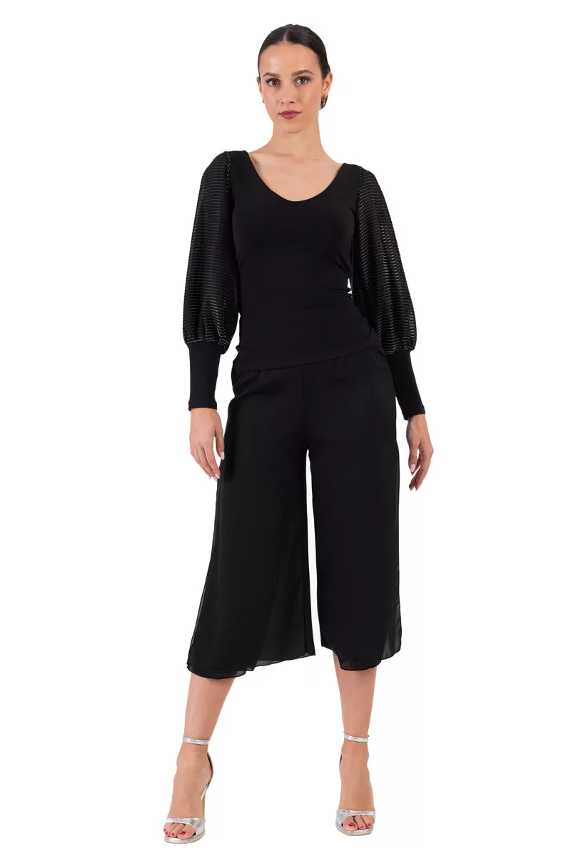 Black Top With Long Lamé Split Sleeves