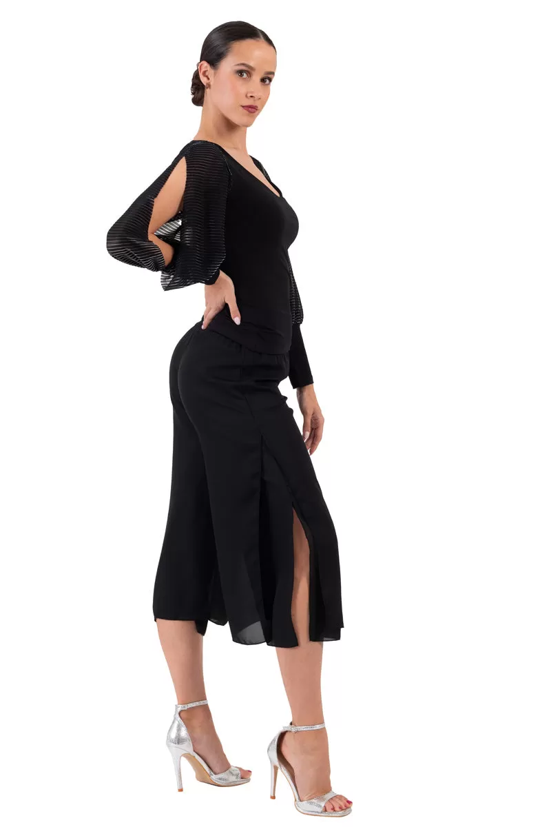 Black Top With Long Lamé Split Sleeves