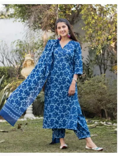 Blue Indigo Cotton Readymade Suit