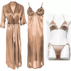 Bridal Long Nighty 4 Pc Bridal Long Night Dress Golden Color Nightwear for Women