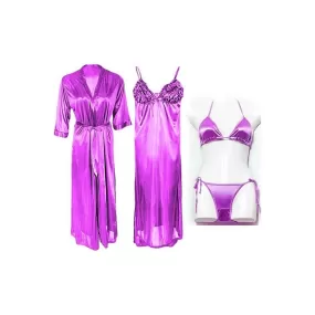 Bridal Long Nighty 4 Pc Bridal Long Night Dress Purple Color Nightwear for Women