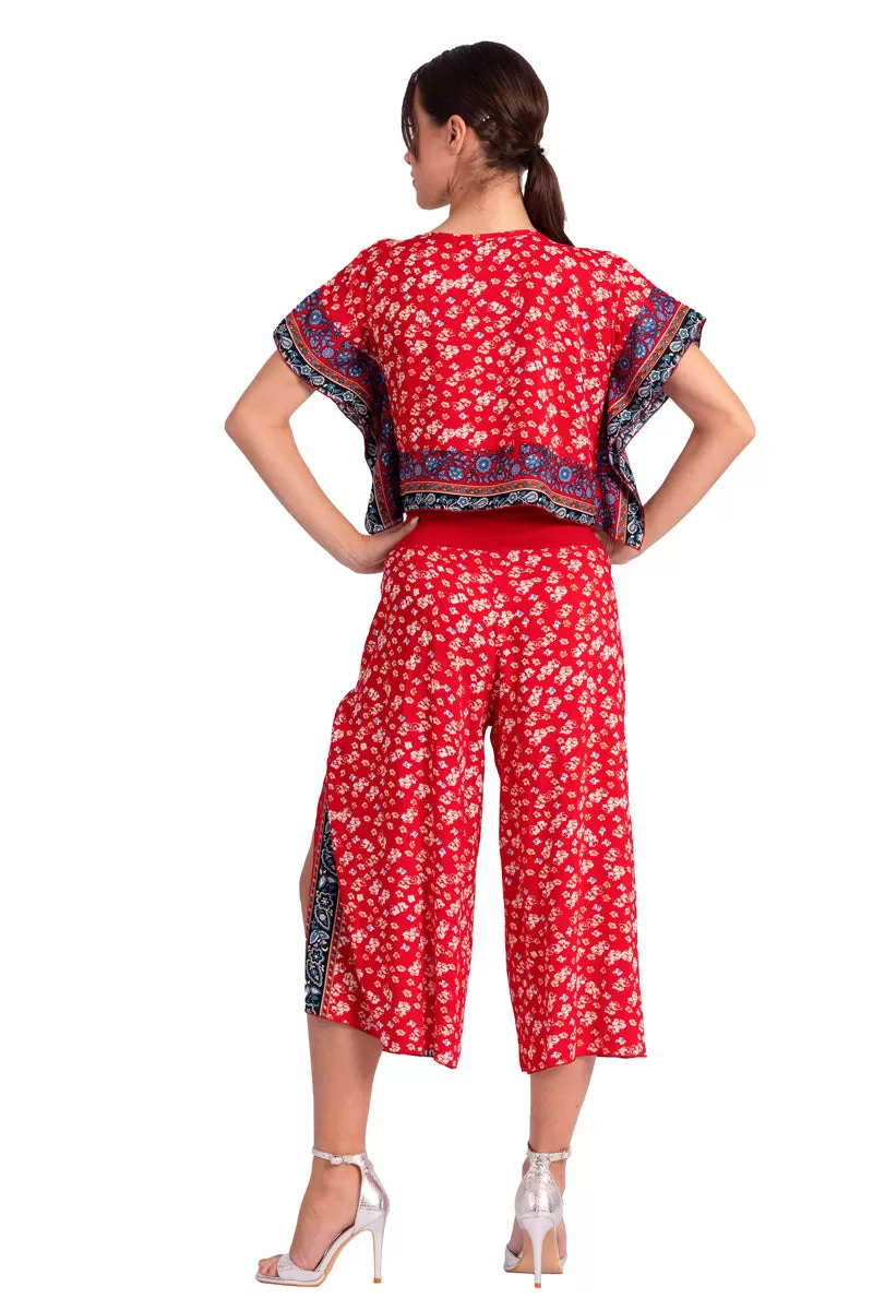 Bright Red Boho Print Wrap Cropped Culottes