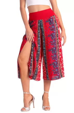 Bright Red Boho Print Wrap Cropped Culottes