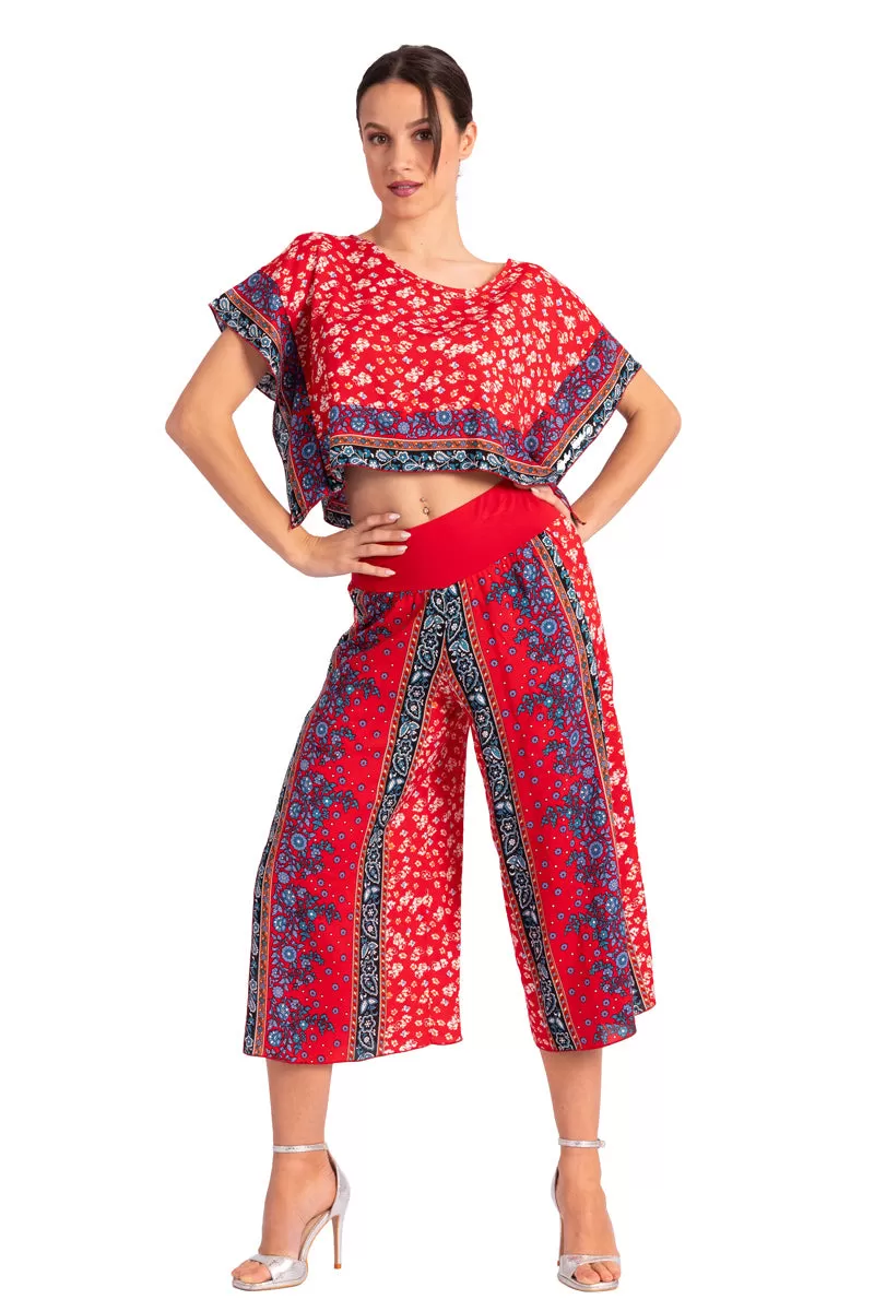 Bright Red Boho Print Wrap Cropped Culottes