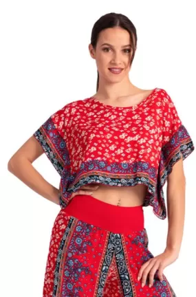 Bright Red Floral Print Boxy Co-ord Crop Top