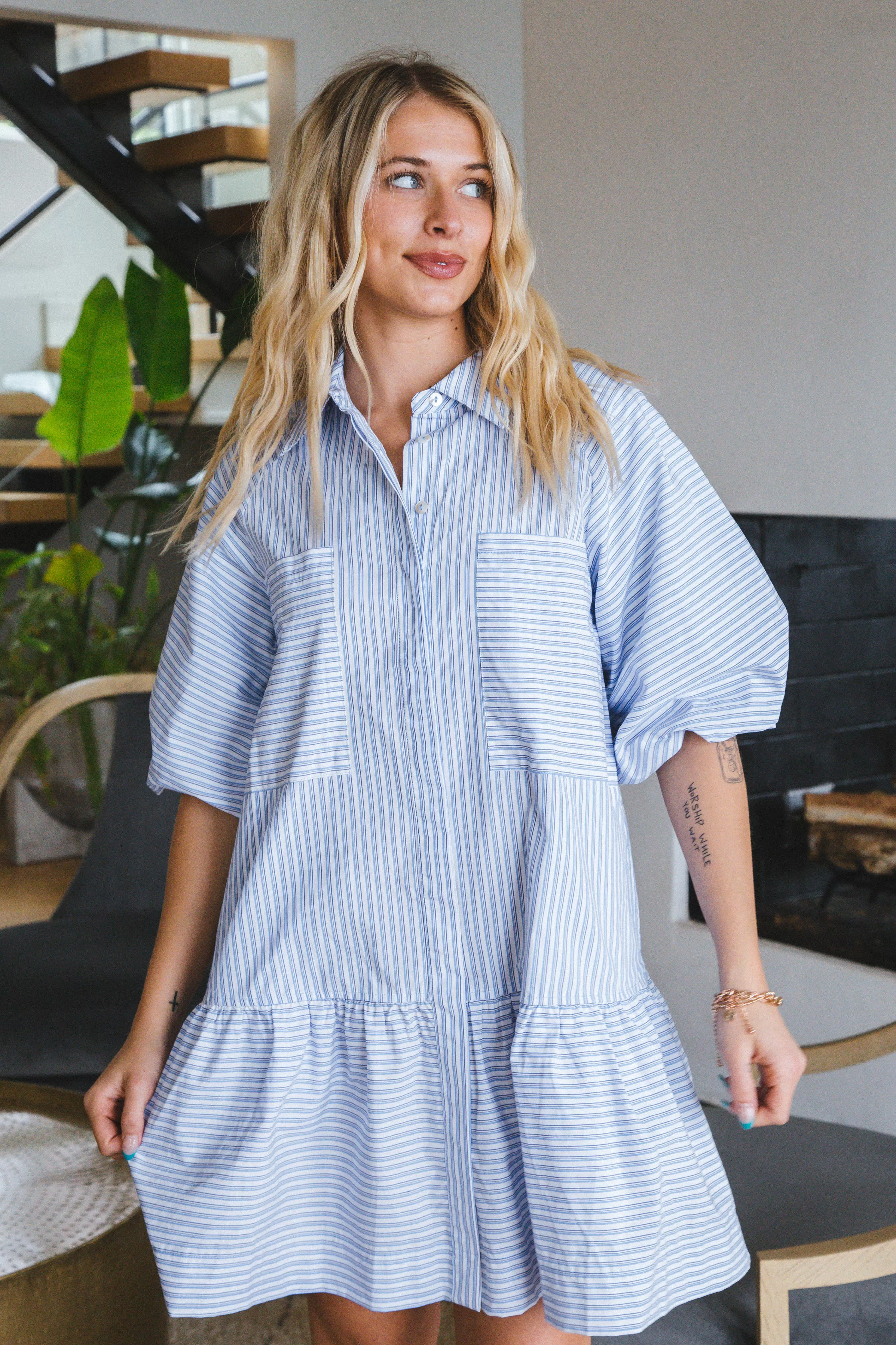 Carla Button Down Shirt Dress, Blue White