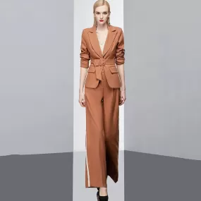 Cassandra Belted Blazer & Striped Wide Leg Pant Suit