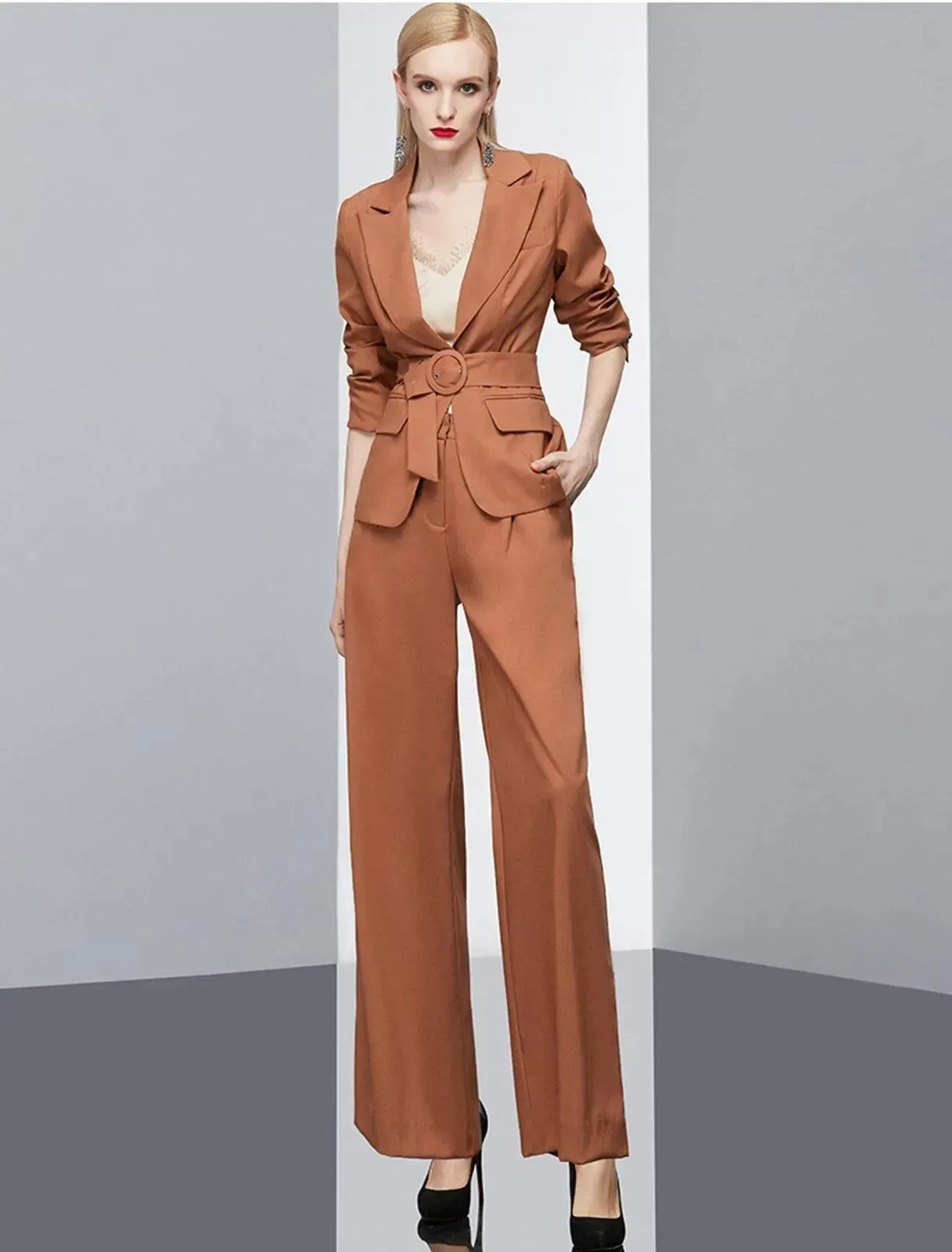 Cassandra Belted Blazer & Striped Wide Leg Pant Suit