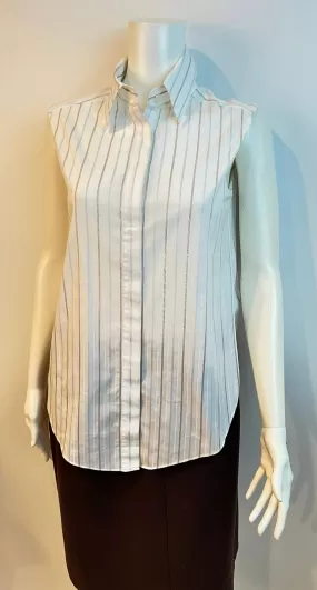 Chanel White Sleeveless Cotton Striped Collar Button Down Top Blouse US 4/6