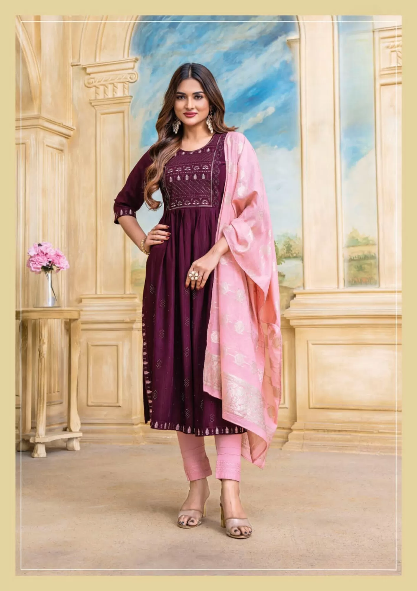 Charming Violet Colored Fancy Naira Kurti With Pant And Fancy Dupatta