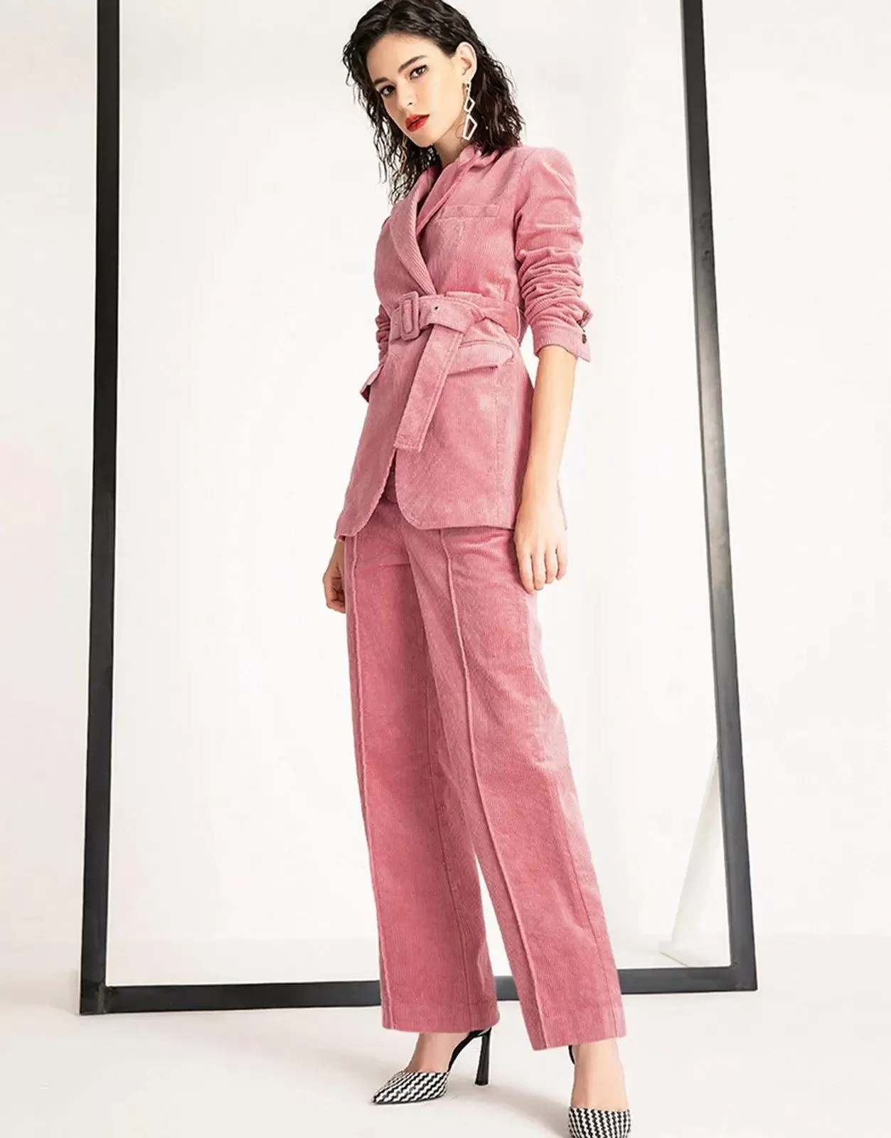 Corduroy Pink Buckle Belted Blazer & Flare Pants Set