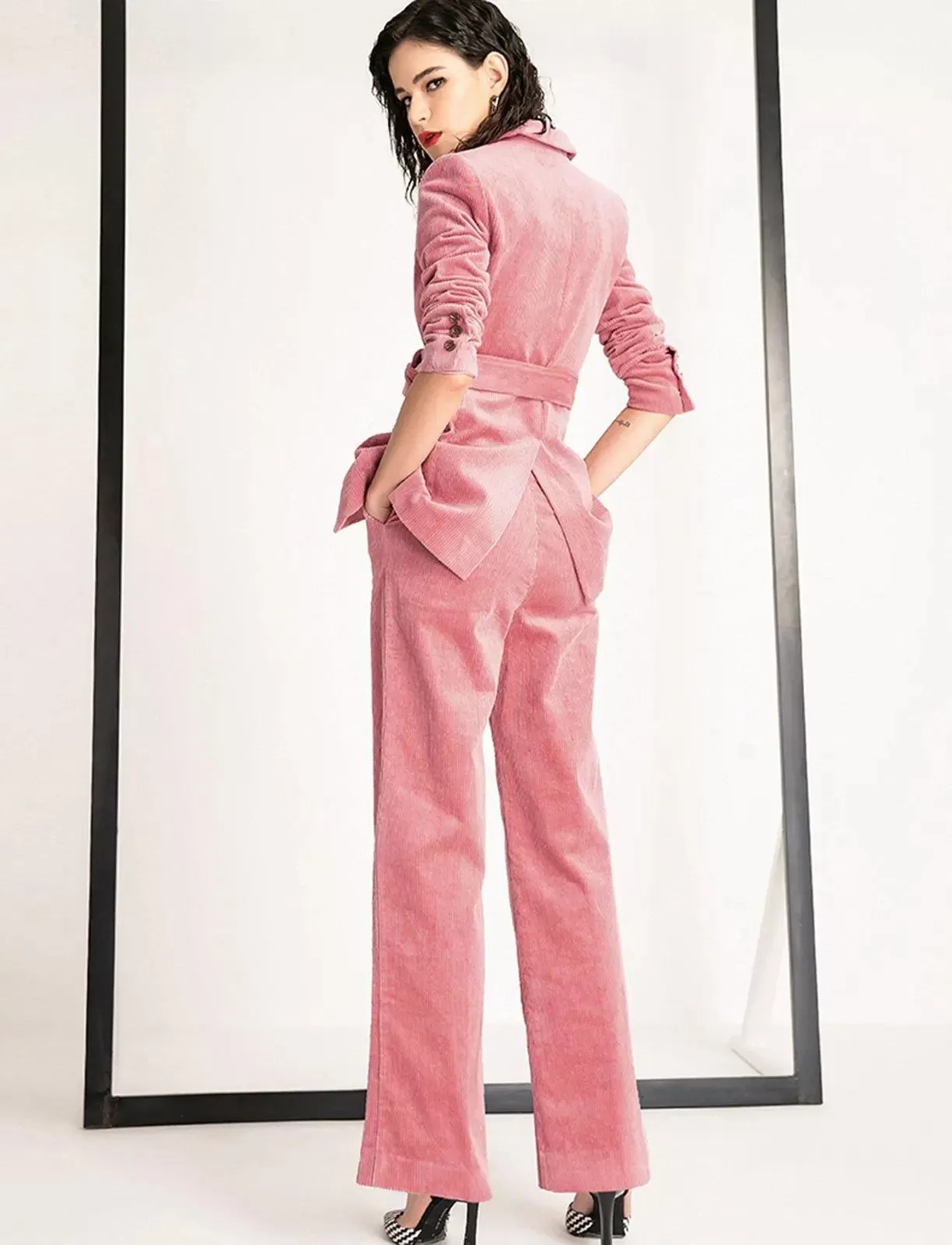 Corduroy Pink Buckle Belted Blazer & Flare Pants Set