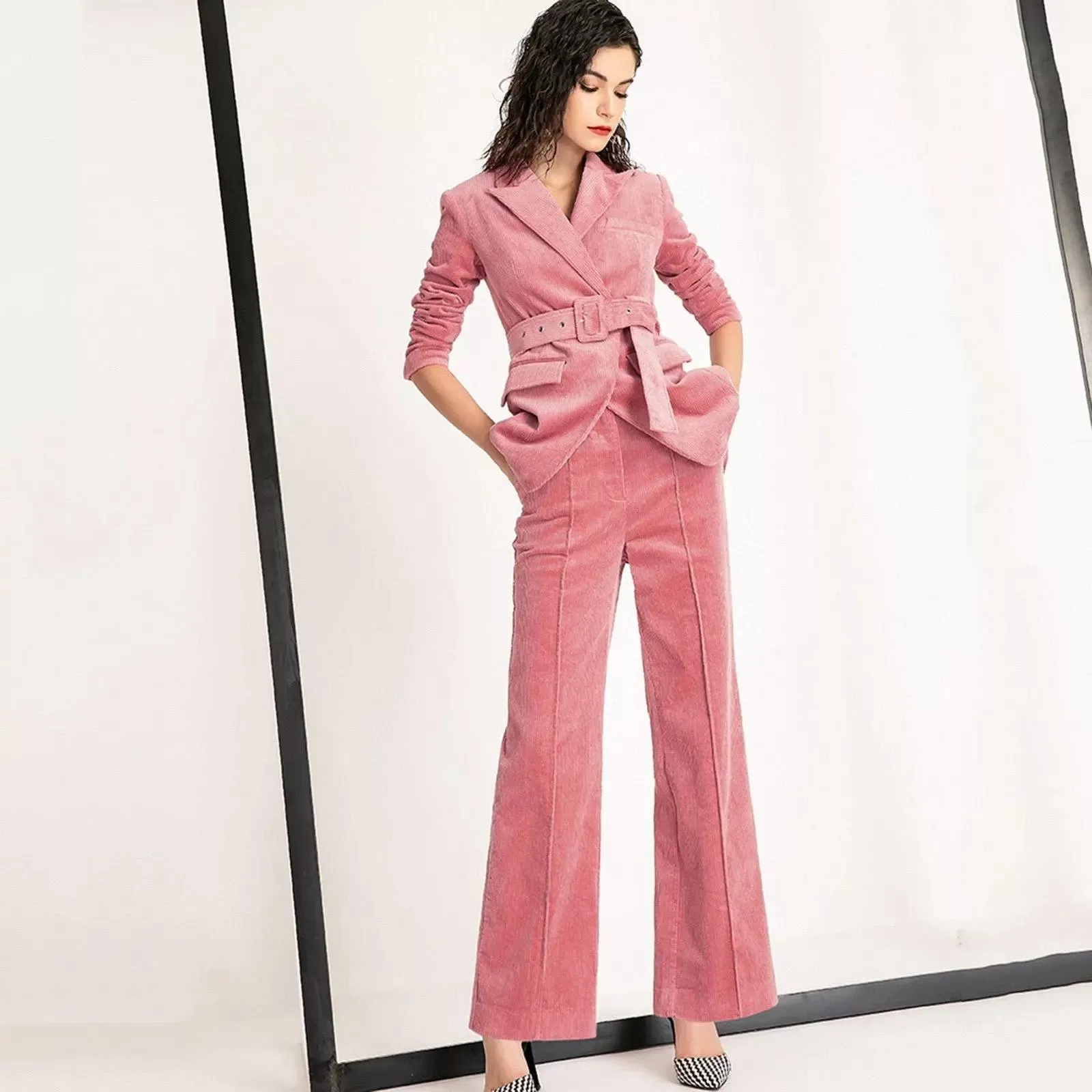 Corduroy Pink Buckle Belted Blazer & Flare Pants Set